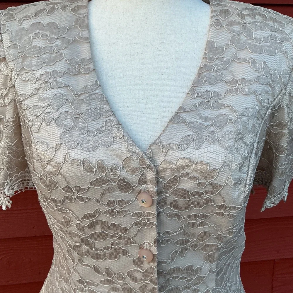 Cachet 2 Piece Dress Set Womens 12 Champagne Lace Chiffon Vintage 90s Romantic